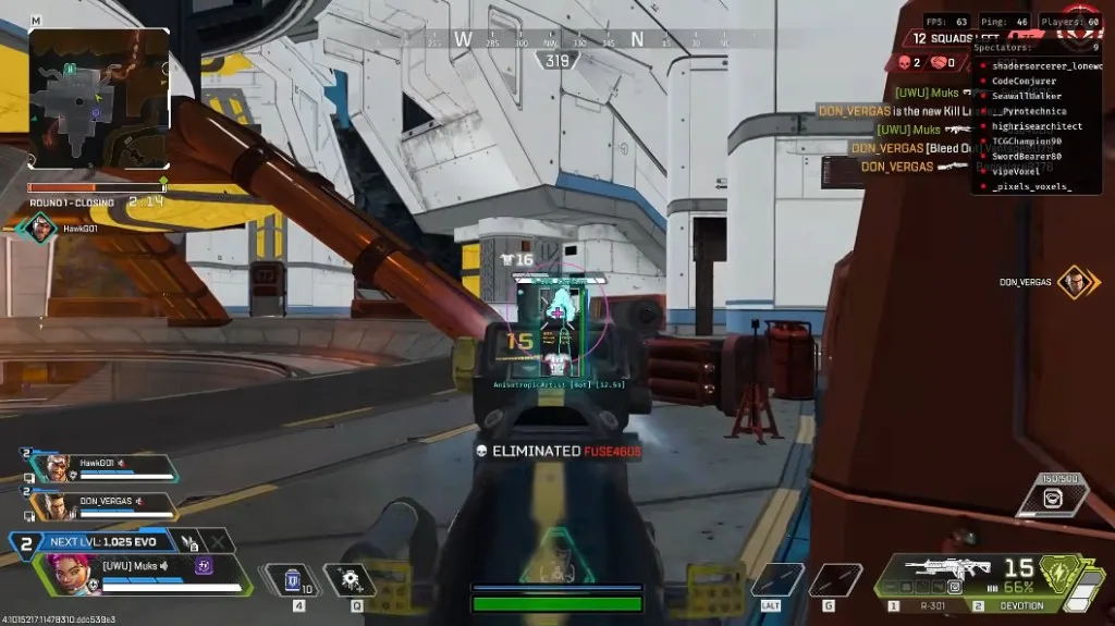 Apex Legends player ESP box and Nemesis loot tag with pink aimbot FOV ring