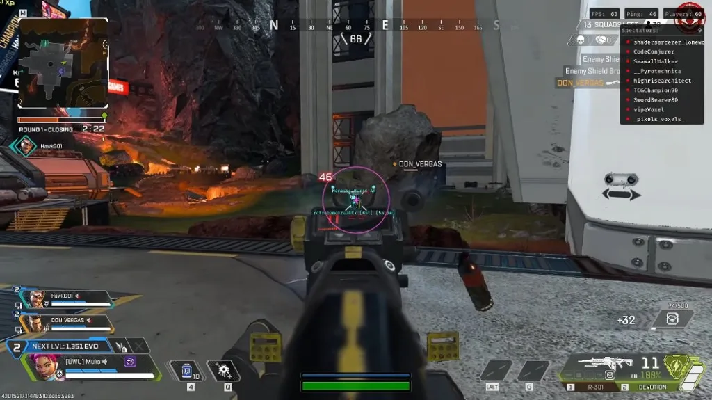Apex Legends ESP, aimbot FOV, and skeleton overlay in match