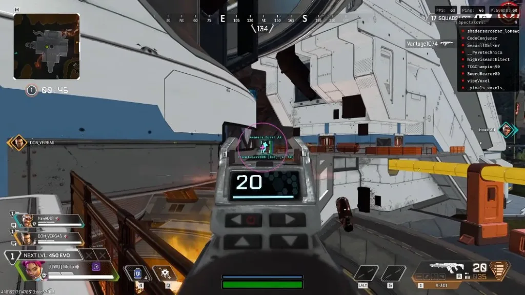 Apex Legends ranked fight with aimbot FOV, damage numbers and spectator overlay
