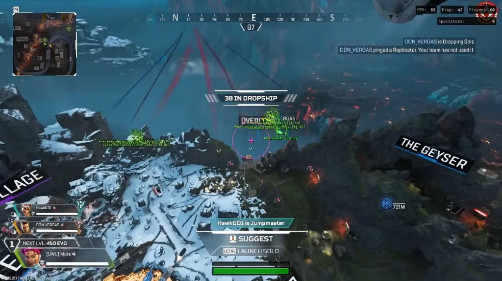 Apex Legends cheat menu open on ESP and visuals tab in the lobby